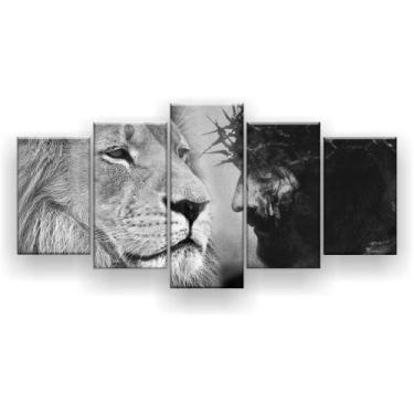 Imagem de Quadro Decorativo Mosaico 5 Peças Leão De Judá Preto Branco - Excelênc