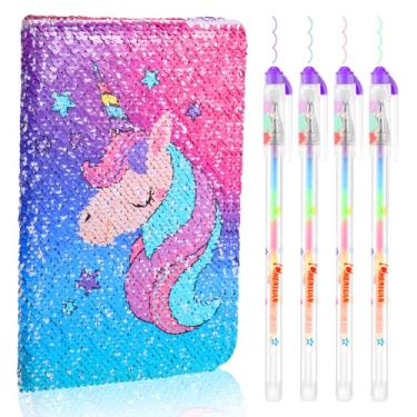 Imagem de Outus Conjunto de diário de lantejoulas para meninas com 4 peças de canetas coloridas de tinta gel, diário reversível, caderno de lantejoulas com glitter, diário de escrita para meninas e adolescentes