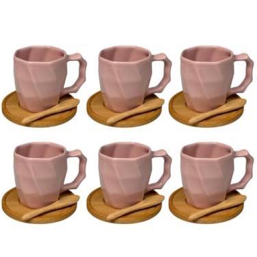 Imagem de Kit 6 Canecas de Cerâmica 120ml com Colheres e Pires de Bambu – Design Minimalista, Ideal para Café e Presentes - E-FCS Store (Rosa)