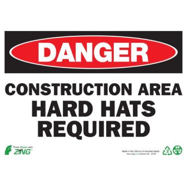 Imagem de Zing Green Products 2122 Placa de segurança de plástico reciclado "Danger Construction Area Hard Hats Required", 35,5 cm de comprimento, 25,4 cm de largura