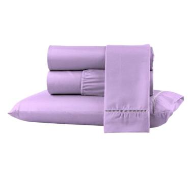 Imagem de Kit Jogo Lençol Cama Box Casal Queen 400 fios Micropercal 03 Peças Ponto Palito (LILÁS, SOLTEIRO)