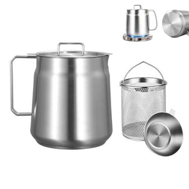 Imagem de Panela de filtro de óleo de aço inoxidável 304 com fundo grosso de 1,5 L, recipiente 3 em 1 de 14 x 14 cm com coador e cesta de fritura, protetor de gordura de bacon para cozinha, panela de vegetais