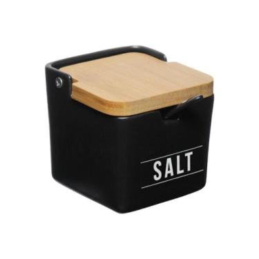 Imagem de Saleiro Manhattan Em Porcelana Com Colher Tampa Em Bambu Salt Preto Ou