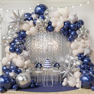 Imagem de Kit de arco de guirlanda de balão branco e areia azul marinho, azul real, branco, metálico, prata, confetes, tamanhos variados, balões para decoração de aniversário, chá de bebê, casamento, festa de