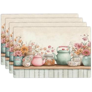 Imagem de Conjunto de 4 jogos americanos florais de primavera, 30 x 45 cm, tapete de mesa de verão, lavável, antiderrapante, resistente ao calor, para festa, jantar, cozinha, decoração interna e externa
