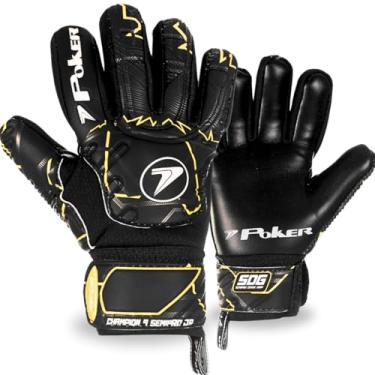 Imagem de Luva De Goleiro Poker Champion 9 Semi Profissional Multiterreno Flat Macia Confortável Grip Látex Reforçada Punho Ajustável Elástico (Preta-Dourada, 11)