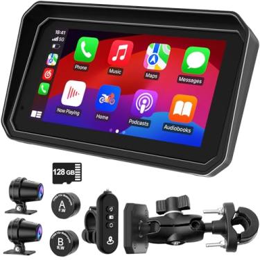 Imagem de FancyTiger Câmera veicular MT600 Pro, suporte magnético de liberação rápida, carplay para motocicleta e navegação GPS automática Android para motocicleta, câmera dupla HD 1080P, TPMS, tela sensível ao