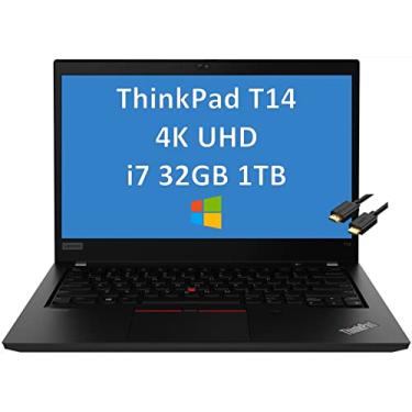 Imagem de Lenovo ThinkPad T14 35.6 cm UHD 4K Intel Quad-Core i7-10610U, 32 GB RAM, SSD PCIe de 1 TB (3840 x 2160) Laptop empresarial, Thunderbolt 3, retroiluminado, impressão digital, Windows 10 Pro + cabo HDMI
