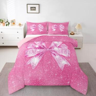 Imagem de Conjunto de cama solteiro com laços coquette, estampa de glitter rosa (sem glitter), edredom para decoração de quarto de meninos e meninas, adolescentes, conjunto de edredom com laço de microfibra