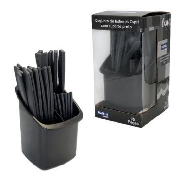 Imagem de Conjunto de Talheres 25 Peças, Preto, com Suporte, 6 Facas, 6 Garfos, 6 Colheres, 6 Colheres de Chá
