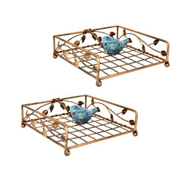 Imagem de OwlGift Conjunto de 2 porta-guardanapos planos de metal revestido de bronze com organizador de guardanapo plano para pássaros de cerâmica, cozinha e bancada