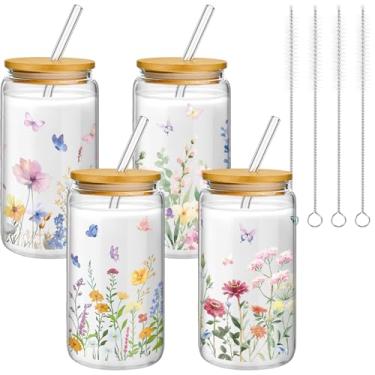 Imagem de Mumufy 4 peças de presente para mulheres copo de vidro de flor silvestre caneca de café gelado borboleta copo de 473 ml com tampa de bambu e canudo, presente de aniversário de Natal para mãe, irmã
