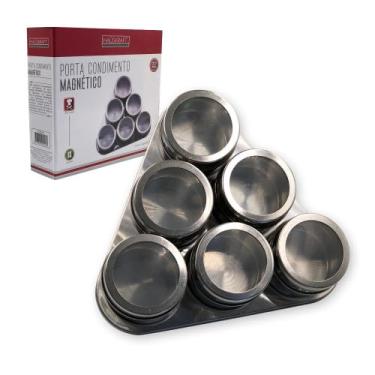Imagem de Porta Temperos Magnético, 6 Potes de Aço Inox, Base Triangular, 27ml, com Tampa de Acrílico