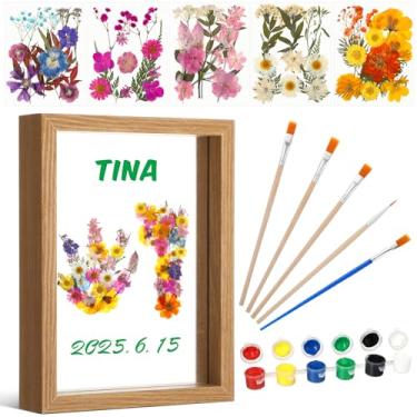 Imagem de Amyhill 66 peças de kits de molduras de flores prensadas à mão para família incluem moldura de madeira maciça com kit de arte de flores secas, artesanato faça você mesmo para decoração de casa