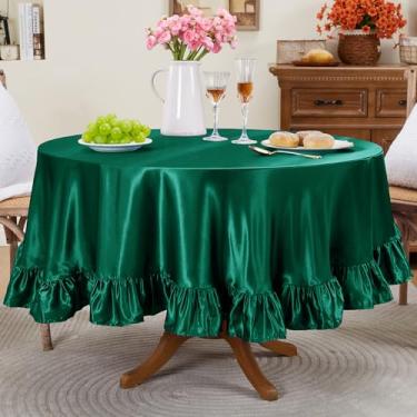 Imagem de Entisn Toalha de mesa redonda com babados de 177 cm, capa de mesa de cetim verde inclui acabamento de 12 cm para mesa de 50 a 122 cm, lavável e resistente a amassados, decoração sedosa para banquete