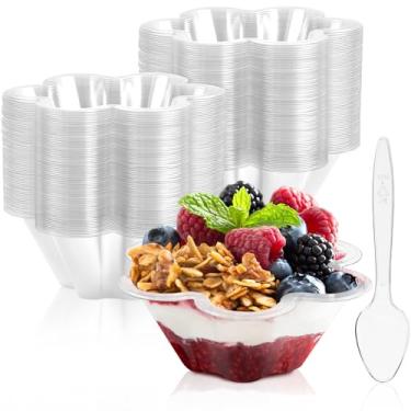 Imagem de Qeirudu Copos de sobremesa de 227 g com colheres, pacote com 100 tigelas de sorvete em forma de flor, tigelas de plástico para servir para sundae, parfait, frutas, lanches, açaí