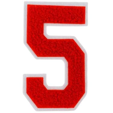 Imagem de 1 peça de patch de número de chenille vermelho de 10 cm, remendos de ferro para chapéus, roupas, bolsas, mochilas, jeans, par com remendos iniciais, letra grande universitária. (Vermelho 5)