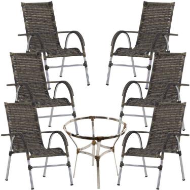 Imagem de 6 Cadeiras Alumínio E Mesa S/tampo Varanda Jardim Piscina Cappuccino