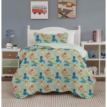 Imagem de Kit Colcha Cobre Leito1,6X2,4 Infantil Dupla Face Dinossauro - Bella T