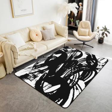 Imagem de jejeloiu Tapete de área preto e branco, 7,5 x 12,5 cm, geométrico, moderno, linha moderna, tapetes para sala de estar, arte neutra abstrata, decoração geométrica, tapete de chão