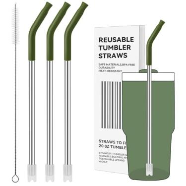 Imagem de Prurex Canudos de metal reutilizáveis com ponta de silicone para Stanley 600 ml, canudos de aço inoxidável para copo de 590 ml, 3 tubos retos e 6 pontas e 1 escova Cleanr (pinheiro seco)