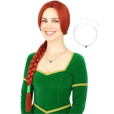 Imagem de Bettecos Peruca trançada laranja vermelha para mulheres, fantasia de princesa com colar de coroa e orelha verde para festas de Halloween fantasia cosplay (adultos)