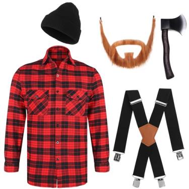 Imagem de Ramede Conjunto de 5 peças de fantasia de lenhador de Halloween, camisa xadrez de flanela, machado de espuma, barba falsa, gorro preto suspensório para cosplay (GG)
