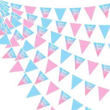 Imagem de Decoração de festa revelação de gênero rosa azul menino ou menina bandeira tecido bandeira triângulo guirlanda flâmulas para revelação de gênero chá de bebê rosa azul aniversário jardim menino ou