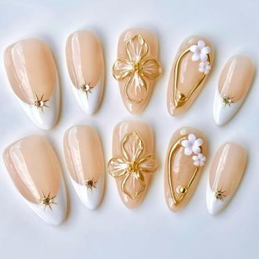 Imagem de Pregos feitos à mão em forma de amêndoa média branca francesa 3D floral e estrela design com detalhes dourados | Pontas de unhas postiças elegantes reutilizáveis de acrílico com cristais e base bege