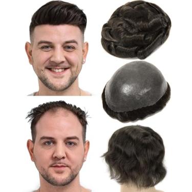 Imagem de BEEOS Toupee de pele PU de 0,10 mm para homens, 20 x 25 cm, peruca masculina sem derramamento 130% densidade média, base de pele durável de nó único peruca masculina nº 2 marrom escuro