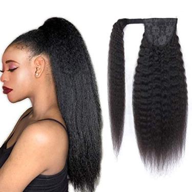 Imagem de Extensão de rabo de cavalo cabelo humano longo kinky liso pasta mágica rabo de cavalo 100% cabelo humano cabelo remy real extensão de rabo de cavalo para mulheres negras extensões de cabelo rabo de
