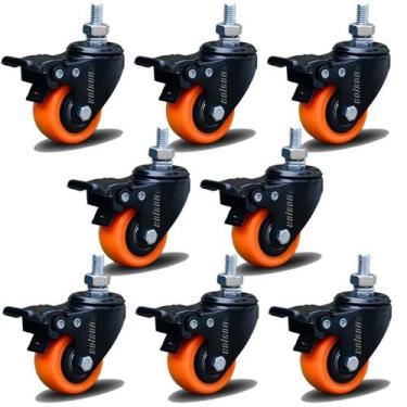 Imagem de Kit 8 Rodízio Linha Black Parafuso 3/8" 50mm Com Freio 400kg Laranja -