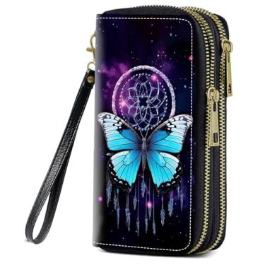 Imagem de FQTBCEARI Carteira feminina com estampa de flores de beija-flor, bolsa de mão de couro PU com zíper duplo para smartphone/cartão/moeda/dinheiro, Borboleta apanhadora de sonhos