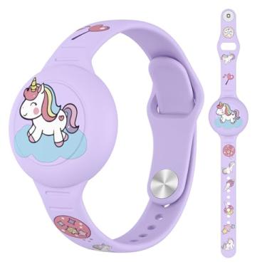 Imagem de Pulseira infantil impermeável para AirTag, desenho animado de silicone macio para AirTag para crianças com design oculto, compatível com pulseira Apple AirTag para crianças (roxo-unicórnio)