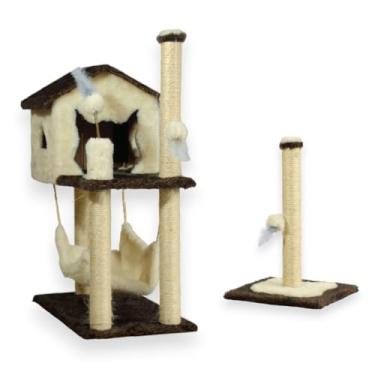 Imagem de Kit Arranhador Para Gato Casa Com Rede e 2 Brinquedos Poste com Base(CREME)