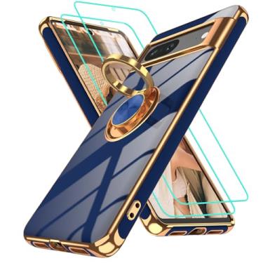 Imagem de Gritup Capa para Google Pixel 7 | 2 peças protetoras de tela | Suporte magnético de rotação de 360° | Revestimento dourado macio TPU protetor básico para celular Pixel 7 azul