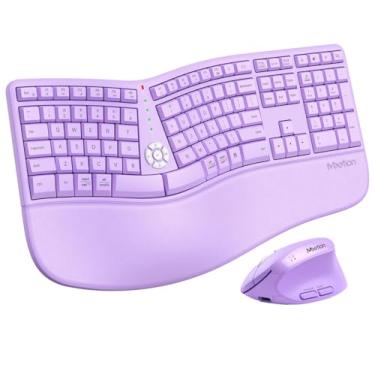 Imagem de MEETION Teclado e mouse ergonômicos sem fio, teclado dividido de 2,4 GHz com apoio de palma macio, mouse vertical ajustável de 4 DPI ergonômico, tamanho completo Windows/Mac/computador/laptop, roxo