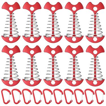 Imagem de QWORK 10 peças de pinos de âncora de deck vermelhos com mosquetões, âncoras estáveis antiderrapantes para barracas e toldos em decks de madeira