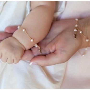 Imagem de Pulseira Terço Infantil Com Perolas Folheada A Ouro Cada - Milena Joia