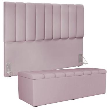 Imagem de Kit Cabeceira Cama Box Casal King 195cm com Calçadeira Baú Dália W01 Suede Rosê - Lyam