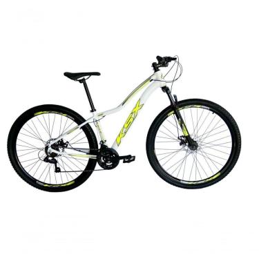 Imagem de Bicicleta Aro 29 Ksx Sd7 Feminina 21v Cabos Internos Alumínio Freios A Disco Garfo Suspensão Branco Amarelo Tamanho 15
