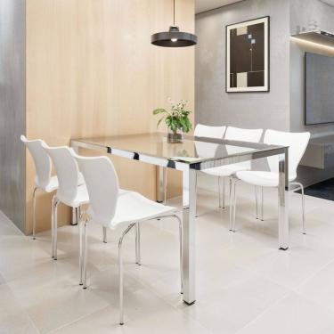 Imagem de Conjunto Mesa de Jantar Retangular 160cm x 75cm Tampo de Vidro Smart com 6 Cadeiras Mono Cromado/Branco