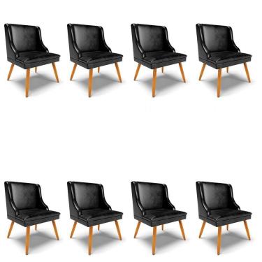 Imagem de Kit 8 Cadeiras Estofadas para Sala de Jantar Pés Palito Lia Sintético Premium Preto - Ibiza