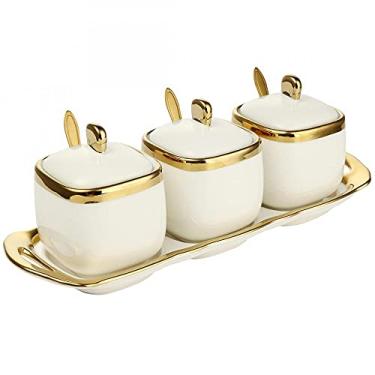 Imagem de Conjunto de 3 recipientes de temperos de porcelana com tampas, potes de cerâmica para temperos, potes de tempero, melhor pote de temperos para sua casa, cozinha, balcão (terno branco)
