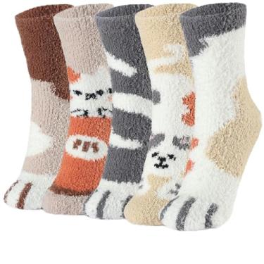 Imagem de Meias felpudas femininas fofas com pata de gato, 5 pares de meias de pelúcia fofas e aconchegantes com caixa de presente para mulheres e meninas, Shr-mz-06, 5