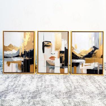 Imagem de Trio Quadro Abstrato Horizonte Dourado – Rosto de Mulher em Tela Moderna (60x30cm, borda infinita)