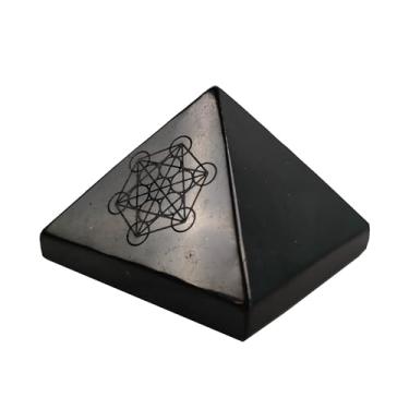 Imagem de LWQCHW Pirâmide polida de pedra shungite autêntica de 5 cm com símbolo de gravação da flor da vida | Estatueta de shungite crua para proteção de casa, decoração de quarto, decoração de mesa de