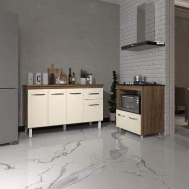 Imagem de Mobília Decor, Armário Gabinete Camila 138 cm com Tampo Tampão e Balcão Evelyn Para cooktop 4 Bocas Savana e Off White