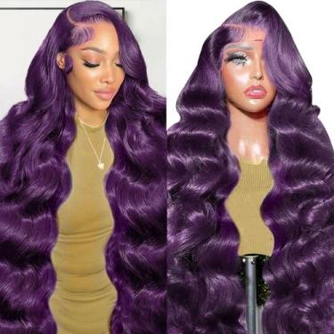 Imagem de Peruca haha Cabelo humano roxo escuro 13x6 Body Wave 50cm