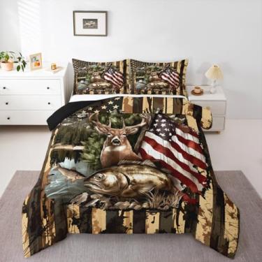 Imagem de Feelyou Conjunto de edredom fofo de cervo para todas as estações, com 2 fronhas, microfibra para pesca e caça, roupa de cama casal, casa de fazenda, campo, decoração de quarto, edredom macio